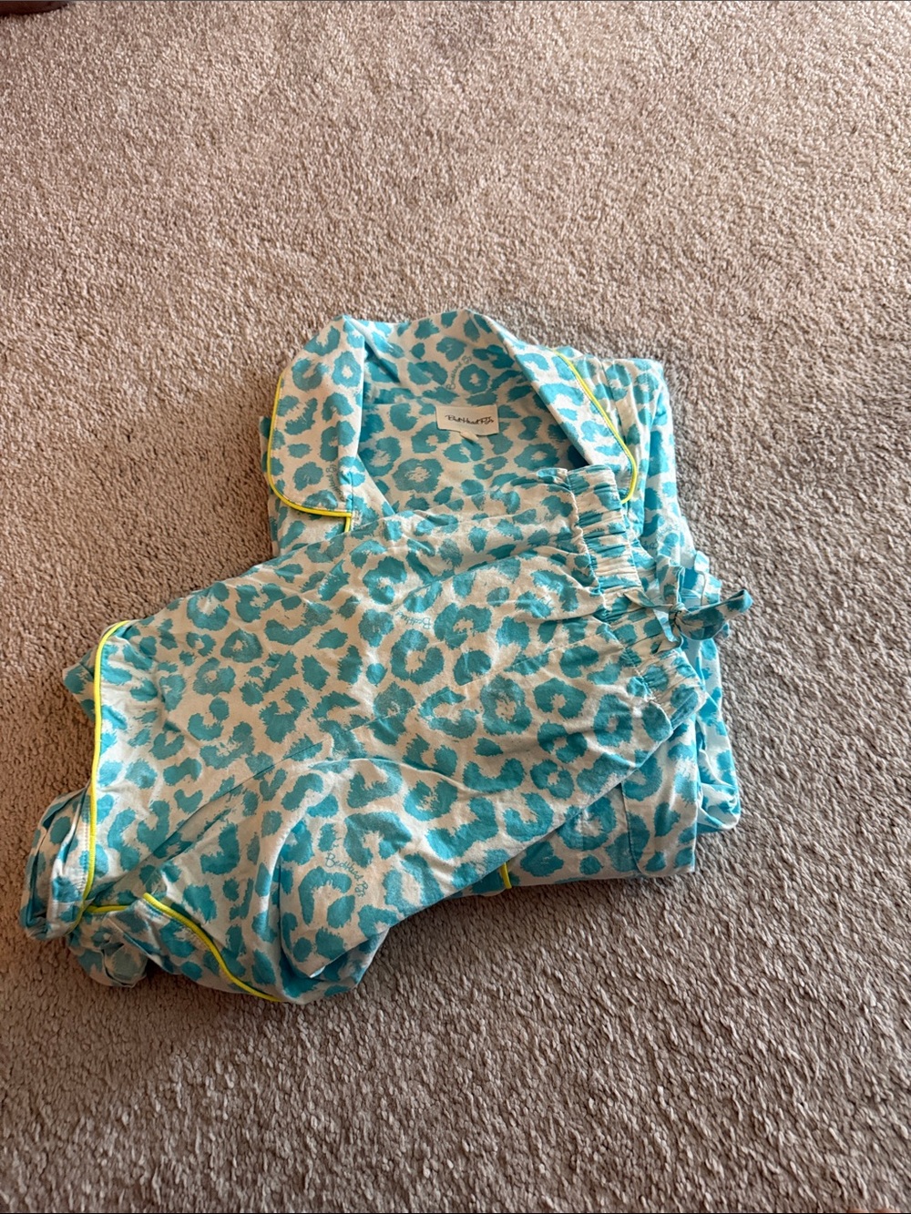BedHead Teal Leopard Print Pajama Set with Yellow Piping